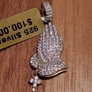 925 Silver Prayer Hands W/Dangling Cross Pendant Icy Similated Diamond Encrusted